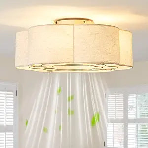 20" Boho Ceiling Fan with Lights Flush Mount, Low Profile Ceiling Fans with Lights Remote Control, Fabric with 6 Speeds for Nursery, Bedroom, Kitchen, Beige
