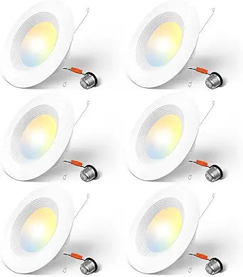 Amico 5/6 inch 5CCT LED Recessed Lighting 6 Pack, Dimmable, IC Rated, 12.5W=100W, 950LM Can Lights with Baffle Trim, 2700K/3000K/4000K/5000K/6000K Selectable, Retrofit Installation, ETL & FCC