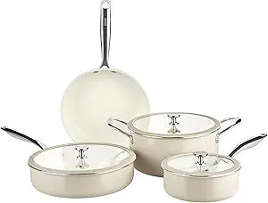 Pyrex 7-Piece Ceramic Cookware Set, Pots and Pans with Lids & Stainless Steel Handles, Healthy Nonstick Ceramic Coating, Induction Compatible Stainless Steel, PFAS Lead Cadmium BPA Free