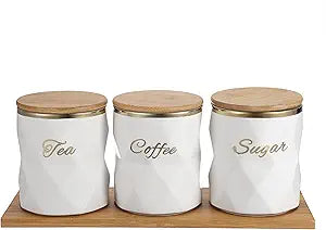 JUXYES Set of 3 Ceramic Canisters Set for Sugar Coffee Tea, Luxurious Storage Containers Set with Lids Decorative Storage Pots White Ceramic Storage Jar for Kitchen Counter Dining Room