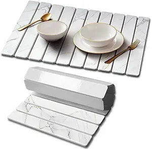 Stone Drying Mat for Kitchen Counter, Quick Diatomaceous Earth Mats for Dishes, 24"L x 16" W Super Absorbent Fast-Drying Collapsible Countertop Stone Mat (Marble Gold White, 24" x 16")