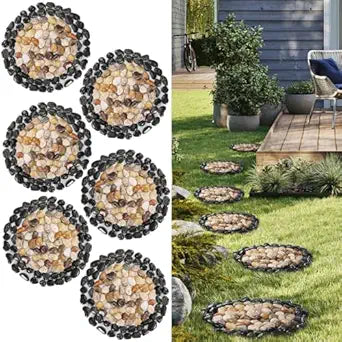 Garden Stepping Stones Outdoor,Pebble Stepping Stones for Garden Walkway,Decoration Polished River Rock for Yard, Pathway,Landscaping, 12 inch Round Decorative Stone Sheet Set 6pcs