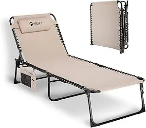 VILLEY Oversized Chaise Lounge Chair, Heavy-Duty Folding Outdoor Lounge Chair with 5 Adjustable Positions, Portable Trifold Beach Lounger for Patio, Beach, Lawn, Backyard, Camping  Beige
