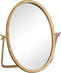 Vintage Makeup Desk Mirror, 11.8" L x 7.9" W Antique Gold Vanity Table Mirror, Metal Framed Oval Small Standing Mirrors, 360 Adjustable Rotation Mirrors for Tabletop, Bathroom