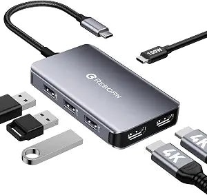 Reborn USB C Hub to Dual HDMI 4K, Docking Station Dual Monitor for Laptop, 6-in-1 USBC Dongle Adapter with 100W PD, 3 USB Ports, Portable HDMI Splitter Extended Display for Lenovo, HP, Dell, Surface