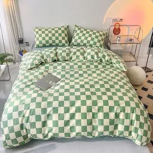 Wellboo Green White Plaid Comforter Sets Full Size Women Men Sage Checkerboard Grid Bedding Comforters Cotton Boys Girls Modern Grass Green and White Checkered Geometric Quilts Luxury Abstract Bed