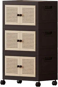 CXCJAI Foldable Plastic Storage Cabinet with Wheels, Rattan-Style Doors, Stackable Organizer with Magnetic Doors,Storage Boxes for Living Room, Bedroom, Office 3-Tier