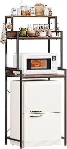 Espelism 3-Tier Mini Fridge Stand Kitchen Bakers Rack with Adjustable Shelves, Freestanding Microwave Stand with Storage, Split Design Coffee Bar Station for Home Office Dorm (Rustic Brown, 25.6")