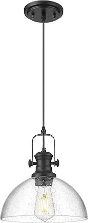 Black Pendant Lights Kitchen Island, 10.5" Farmhouse Pendant Lighting with Clear Seeded Glass Shade, Vintage Hanging Light Fixtures for Dining Room, AD-22151-1PL-BK