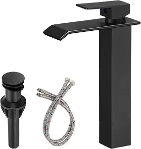 Black Bathroom Vessel Sink Faucet, Waterfall Bathroom Faucet, Vessel Faucet, Tall Body High 1 Hole Single Handle with Pop Up Drain Without Overflow Combo