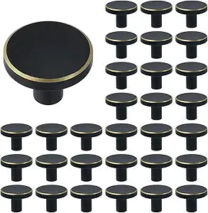 Mcredy Flat Black Cabinet Door Knobs,28 mm Diamater Brass Knobs Drawer Pulls for Dresser Drawer Cupboard Closet Hardware, Pack of 30