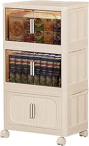 3-Tier Stackable Storage Bins with Lids, Foldable Plastic Organizer with Wheels, for Closet Bedroom (Reinforce Stripe - 2 Clear & 1 Yellow, 3 Tier - 16.1" D x 10.8" W x 25.7" H)