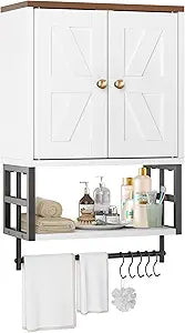 Farmhouse Medicine Cabinet - 3-Tier Wall Mounted Storage Organizer with Adjustable Shelves, Towel Bar, 5 Hooksfor Small Bathroom, Laundry Room, Over Toilet, Living Room, Bedroom (White)