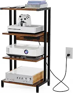 X-cosrack 16.5" Game Console Shelf, Small 4-Tier Video Gaming Consoles Stand with Outlet, Narrow Stereo Cabinet AV Media Stand, Corner Audio Rack for PS5,Xbox,Game Console,TV Box,WiFi Router