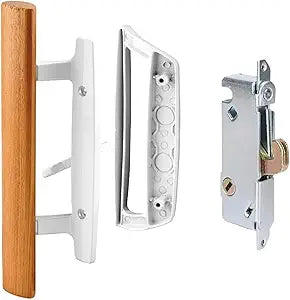 Sliding Patio Glass Door Handle Set Replacement Mortise Lock 45  White Diecast with Wood Finish Mortise Style, Fits 3-15/16 in. Hole Spacing