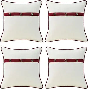 Outdoor Sunbrella Decorative Pillows with Triple Coconut Buttons Pack of 4, 18" x 18" Outdoor Pillow Set for Couch Bed Throw Patio Sofa, Spectrum Eggshell/Spectrum Ruby