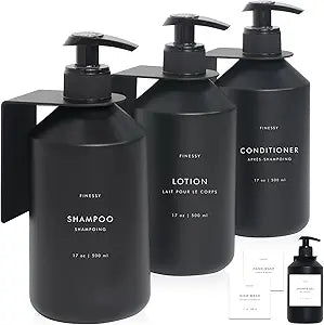 No Drill Wall Mount Shampoo and Conditioner Dispenser for Shower Gel Body Wash Soap Bottle Container Pump Black Refillable 3 Chamber Bottles, Bathroom Shampoo Dispenser for Shower Set Wall Mounted