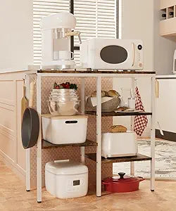 4-Tier Kitchen Microwave Oven Stand, Adjustable Coffee Bar Station for Small Appliance, Baker's Rack with 4 Hooks & 7 Storage Shelves for Kitchen, Living Room, White