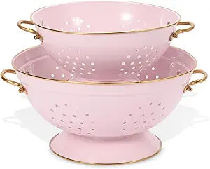 Metal Colander Set of 2, Strainer Basket with Handles 3.5 & 5 Qt Powder Coated Self-draining Solid Ring Base Metal Large Kitchen Colander Bowel for Pasta Vegetable Fruit (PINK)