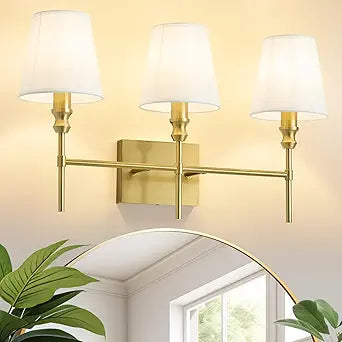 Bathroom Light Fixtures,23.6 IN Bathroom Vanity Lights Over Mirror3-Light Antique Brass Vintage Wall Sconce With Flared White Fabric Lampshade For Bedroom,Living Room,Foyer,Hardwired,E12 Base