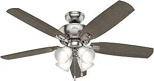 Hunter 52 inch Indoor Ceiling Fan with LED Lights - Ceiling Fan with Pull Chain, For Bedroom or Living Room, Standard Mount, No Remote, 5 Blades, Includes Bulbs - Amberlin 53216, Brushed Nickel