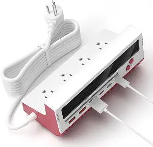 10-in-1 USB Charging Station, 4 Outlets Power Strip with 6 USB, 5 FT Long Extension Cord, 45 Flat Plug, 20W Fast Mulit Charging Station for Home Office Travel Plug Extension Outlet (Red)