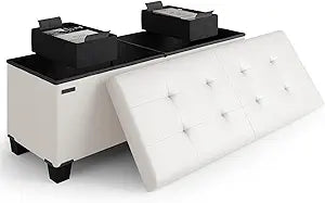 Storage Ottoman Bench with Bins, 43-in Storage Bench for Bedroom End of Bed, Folding Foot Rest Ottoman for Living Room Max 660lbs, Faux Leather Ottomans, Cream