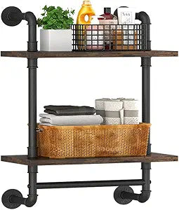 Helsin 2 Tier Industrial Pipe Floating Bathroom Shelves Wall Mounted with Towel Bar, Rustic Wood Wall Shelf, 16 Inch Metal Towel Rack Storage Bookshelf for Bathroom, Kitchen, Farmhouse, Living Room