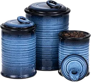 Nihow Food Storage Jar Sets: Ceramic Container with Air Tight Lid for Flour/Sugar/Rice/Coffee/Cookies/Candy - Seal Damp-proof Canister for The Kitchen - Set of 3 Blue & Black