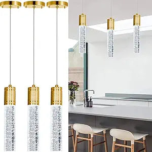 HAIXIANG Set of 3 Pendant Lights for Kitchen Island, White Light, Gold Crystal Linear Pendant Lighting, Bar Corner LED Light Fixtures Glam Drop Light