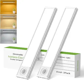 8inch Under Cabinet Lights,60 LED,USB-C 1800mAh Rechargeable Battery,3 Color Temperature,Dimmable,Motion Sensor Cordless Under Counter Light for Wardrobe,Bedroom,Kitchen,Stairs(2pack 3CCT)