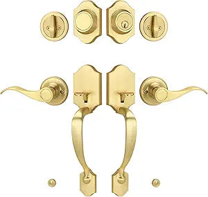 Double Front Door Handle Set with Dummy and Deadbolt, Brushed Gold Entry Front Door Lock Set with Gold Classic Half Grip Curved Door Handle for Exterior Doors or Office, Satin Brass