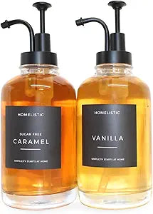 Homelistic Syrup Dispenser for Coffee Bars, Set of 2 Glass Syrup Bottles with Black Pumps, 16.9 oz 500 ml, Coffee Bar Accessories, Includes Sugar Free Coffee Syrup Labels in Black