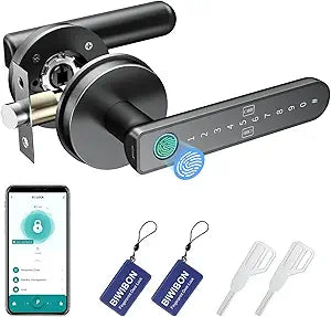 BIWIBON Fingerprint Door Lock  Fingerprint Door Knob with 5 Unlock Options, Anti-Peep Code, Adjustable Auto-Lock, Inside Lock, for Home, Office, Apartment, Bedroom  Black