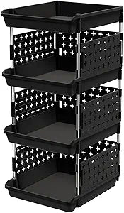 Lifewit Plastic Stackable Storage Baskets, 4 Tier Stacking Bins for Food and Clothes, Multifunctional Organizer for RV, Kitchen, Playroom, Pantry, Black, 35 x 30 x 72 cm/14 x 12 x 28 inch, 1 Pack
