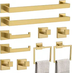 Brushed Gold 10 Pieces Bathroom Hardware Accessories Set Towel Bar Set Towel Holder&Racks Set for Bathroom,SUS304 Stainless Steel,Wall Mounted 16-Inch