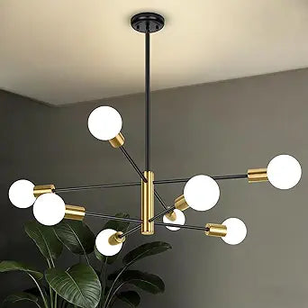 BesLowe 31 8-Light Modern Sputnik Chandelier, Mid Century Black & Gold Chandeliers Lighting, Farmhouse Ceiling Hanging Light Fixture for Dining Room Bedroom Room Kitchen Foyer, Height Adjustable