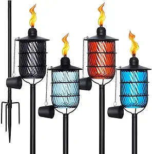 4 Pack Torches for Outside, 14 oz Glass Citronella Torches with 4-Prong Grounded Stake,30"-59" Outdoor Citronella Torches for Party,Yard, Garden(Multi-Color)