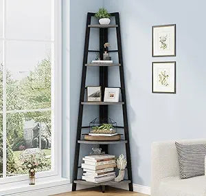 BON AUGURE Rustic Tall Corner Bookshelf, 5 Tier Wood and Black Metal Corner Ladder Shelf, Industrial Corner Bookcase and Gray Corner Shelf for Living Room, Bathroom, Kitchen (Dark Gray Oak)