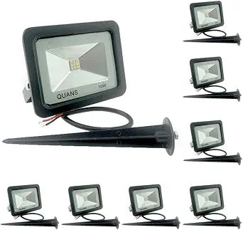 QUANS 10W Cool White 12V 24V 36V 48V 60V DC AC LED Outdoor Security Wash Marine Wall Flood Light Lamp, IP65 Waterproof 12-60VDC AC Input Low Voltage No Plug, 8 Pack with Stake Spike Stand