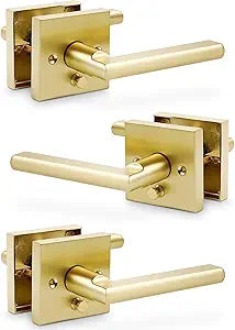 Linkaa Brushed Gold Interior Door Lever Handles for Bedroom Bathroom Indoor,Satin Brass Keyless Door Handle Lock with Push Button LockPrivacyBrass Gold3 Pack