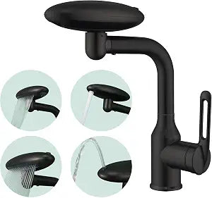 Bathroom Sink Faucet 1 Hole, Matte Black Multifunctional Basin Faucet with 4 Water Outlet Modes, Modern 360Rotatable Bar Tap with Two Water Supply Pipes