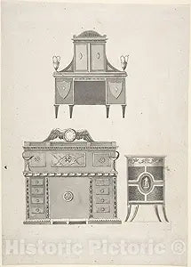 Historic Pictoric Art Print : Anonymous - Designs for Furniture in a Variation on The Style of Thomas Sheraton, a breakfront, a Sideboard, and a Low Cupboard : Vintage Wall Dcor : 24in x 36in