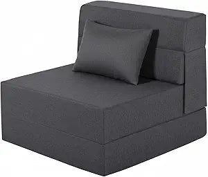Fvkind Folding Sofa Bed, Foldable Sleeper Chair with Pillow, Convertible Fold Out Chair Bed with Washable Cover, Foldable Mattress for Living Room, Bedroom, Guest Room, Single Size, Dark Grey
