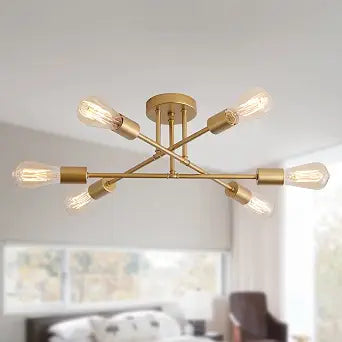 MEIXISUE Gold Modern Sputnik Chandelier Ceiling Light Fixtures,6-Lights Industrial Metal Semi Flush Mount Ceiling Light for Bedroom Dining Room Living Room Kitchen Hallway UL Listed