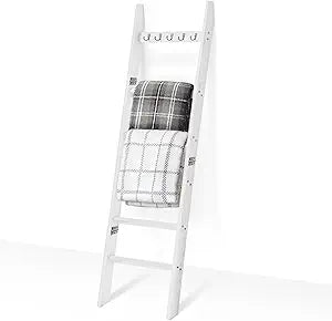 TEAKMAMA 6-Tier Blanket Ladder for Living Room and Bedroom,5.4 Ft Wall Leaning Quilt Rack with Hooks,Rustic Decorative Farmhouse Blanket Storage,Stylish Ladder Holder,Easy to Assemble,White