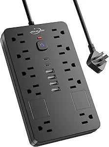 6 FT Surge Protector Power Strip Extension Cord with 10 Outlets & 6 USB