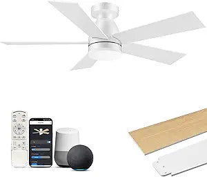 42" Smart Ceiling Fans with Lights Remote,Flush Mount Low Profile Ceiling Fan,Voice/Alexa/App Control,Outdoor Indoor Use for Small Modern Bedroom,Patio,White& Wood,6 Speed,Dimmable LED,Ultra-Quiet