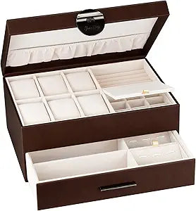 Jewelry Box for Men 2 Layer Jewelry Organizer with 1 Drawer for Storage Display Rings Necklaces Earrings and Watch Brown