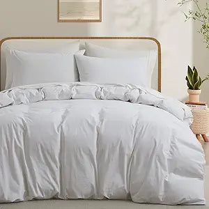 LOVQUE 100% Washed Cotton Duvet Cover, White, Queen Size, 90x90 Inches